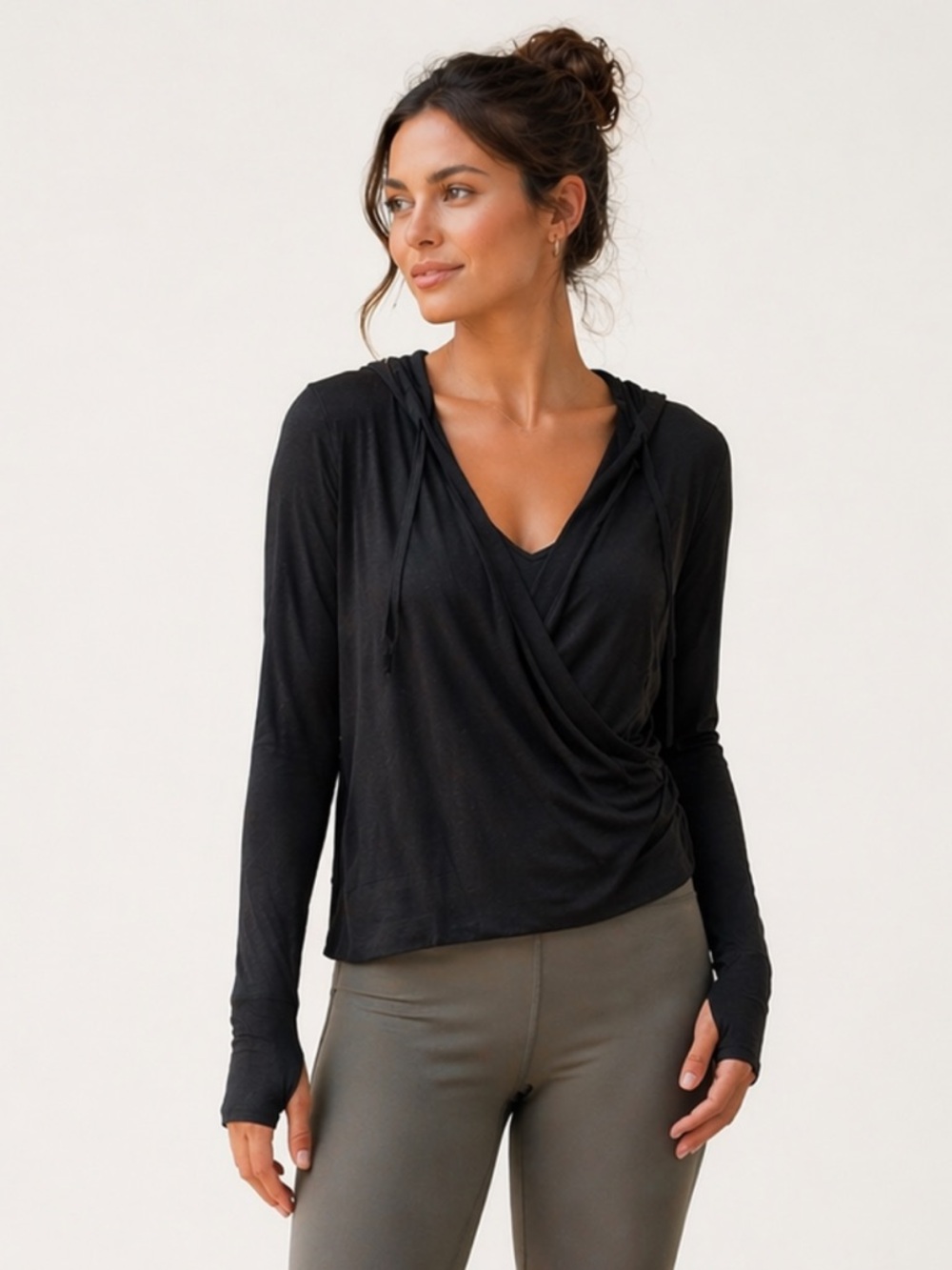 Athleta Black Wrap Front Hooded Top Thumbholes Size L